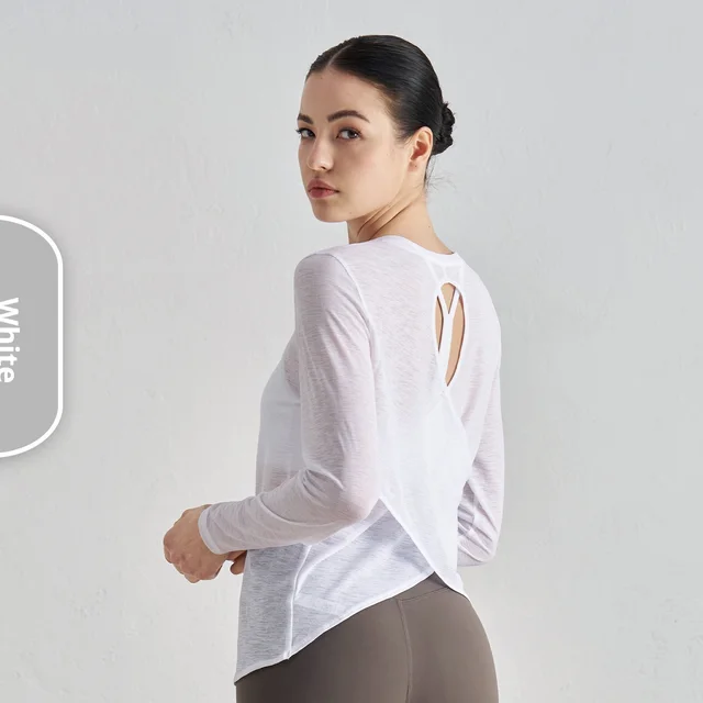 Thin Long Sleeve Loose Breathable Yoga Blouse Hollow out Beauty Back Cross Hem Yoga Clothes L8 - Shop at LoveMi