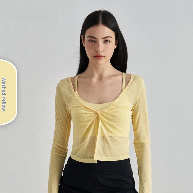 Bunchy Yarn Nude Feel Yoga Clothes Women's Twisted Layered Design Sports Long Sleeve Washed Yellow - Shop at LoveMi