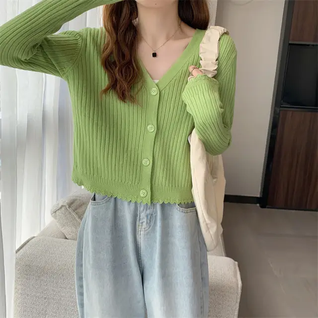 Fall V neck Sunken Stripe Knitted Cardigan For Women Green - Shop at LoveMi