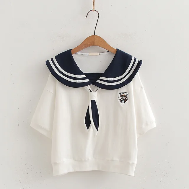 College Style Sailor Collar Sweet Girl Embroidery Pullover Top White - Shop at LoveMi