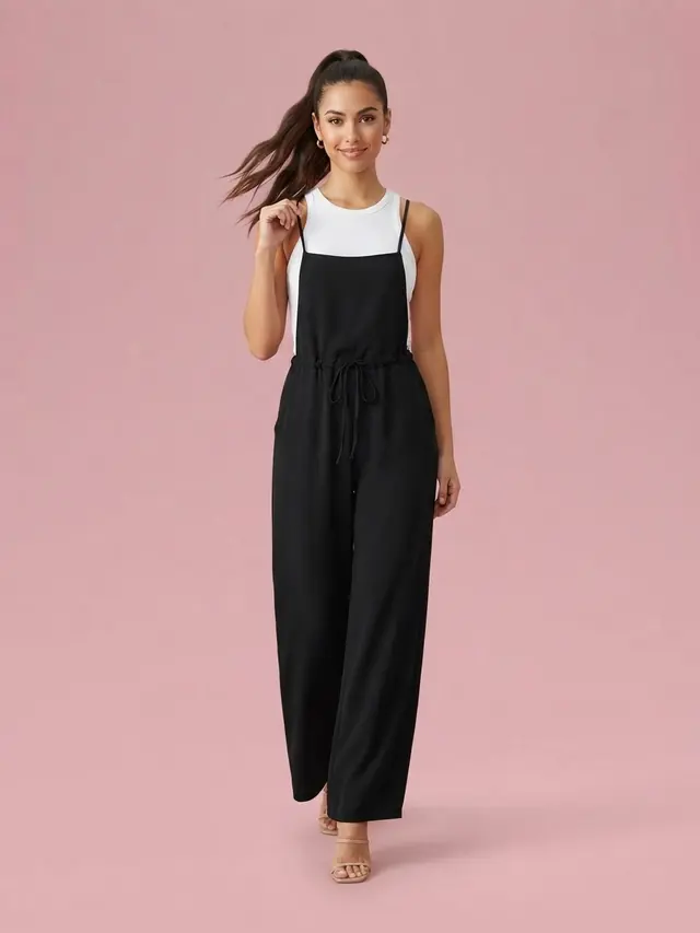 Drawstring Wide Leg Overalls Black - Shop at LoveMi