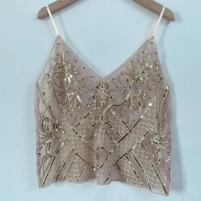 Heavy Embroidery Sequins Beaded Inner V neck Vest Light Pink - Shop at LoveMi