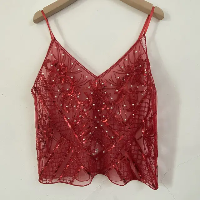 Heavy Embroidery Sequins Beaded Inner V neck Vest Red - Shop at LoveMi