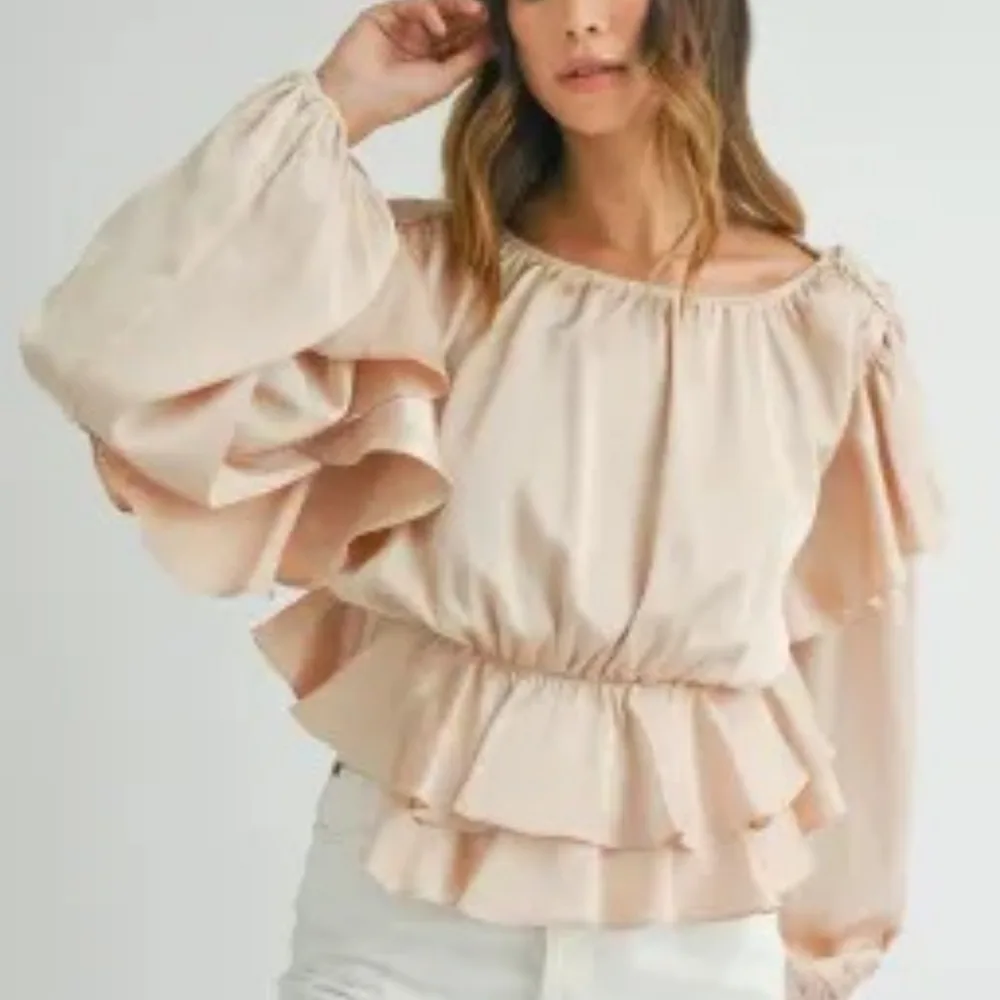 Oatmeal Lace-up Keyhole Back Ruffled Peplum Blouse - Oatmeal - View 1