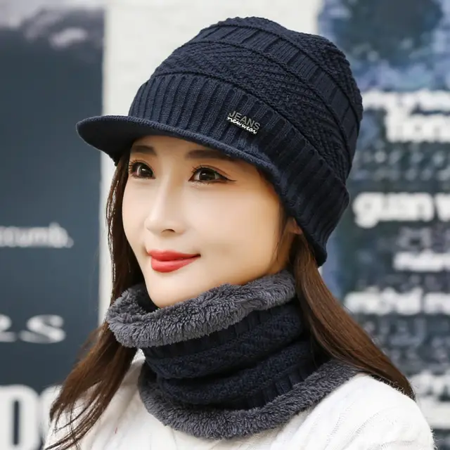 Winter Knitted Wool Cap Fleece lined Thickened Navy Blue - Shop at LoveMi