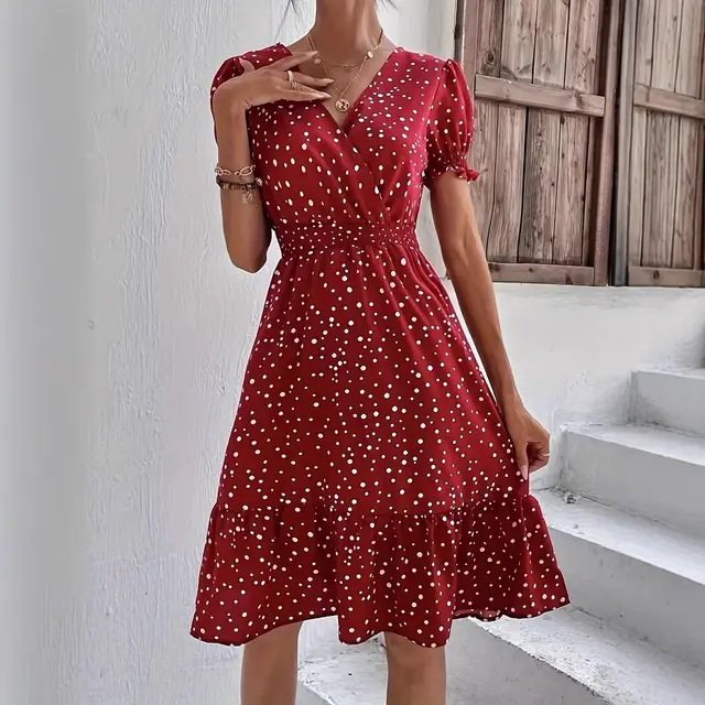 Casual Short Sleeve Cross Collar Polka Dot Dress Red - Shop at LoveMi