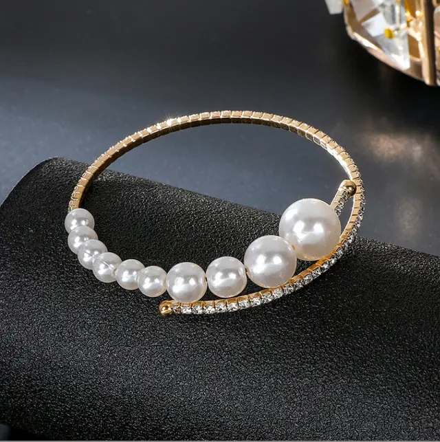 Large And Small Pearls Open Female Online Influencer Bracelet Pearl Elastic Bracelet Gold - Shop at LoveMi