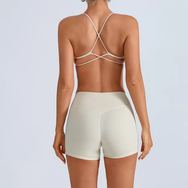 Beauty Back With Chest Pad Cross Spaghetti Strap Bra High Waist Fitness Pants Apricot Shorts Suit - Shop at LoveMi