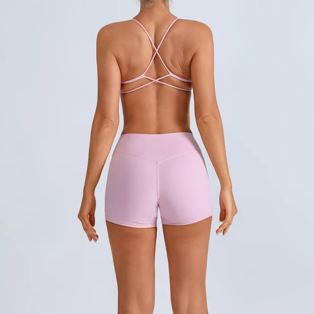 Beauty Back With Chest Pad Cross Spaghetti Strap Bra High Waist Fitness Pants Bare Dusty Shorts Suit - Shop at LoveMi