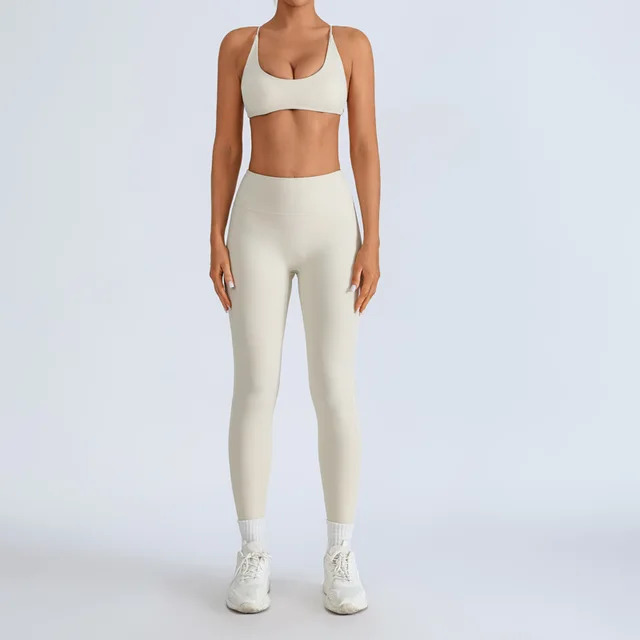 Beauty Back With Chest Pad Cross Spaghetti Strap Bra High Waist Fitness Pants Beige Trousers Suit - Shop at LoveMi
