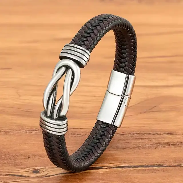 Men's 8 word Twist Weave Bracelet Leather Bracelet Black Brown Silver Buckle - Shop at LoveMi