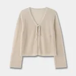 Pure Color Slimming V-neck Lace-up Hollow Knitted Cardigan - Beige