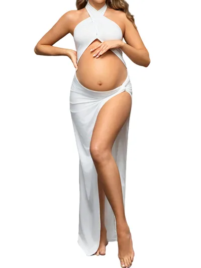 Slim Fit Pregnant Women Mopping Split Hollow Solid Color Dress White - Shop at LoveMi