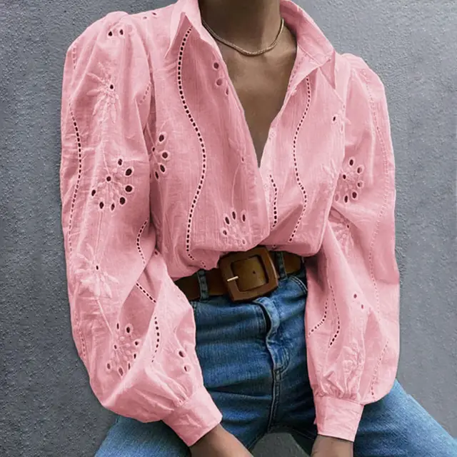 Casual Loose Fashion Hollowed out Puff Sleeve Cardigan Top Women's Clothing Pink - Shop at LoveMi