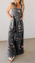Fashion Denim Floral Print Sleeveless Strap Jumpsuit - Grey