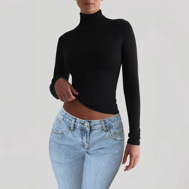 Women's Slim fit Solid Color Knitted Base Long Sleeve Shirt Black - Shop at LoveMi