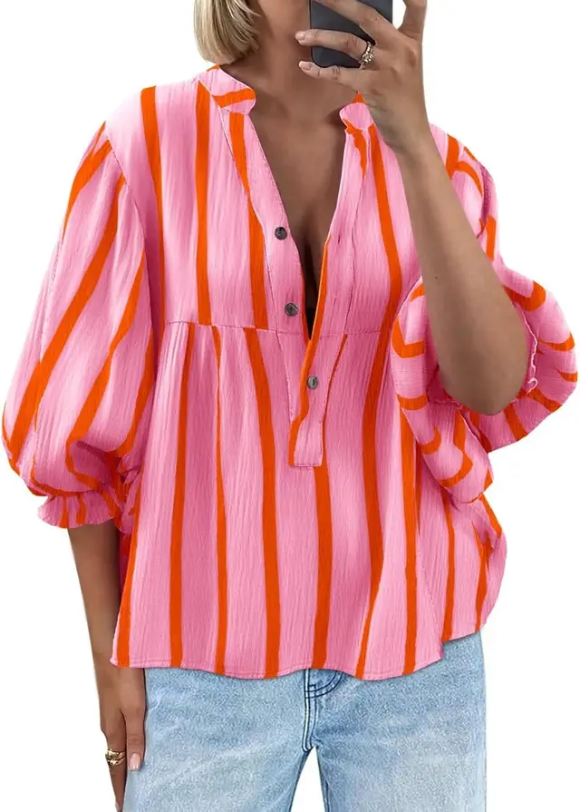 Women's Striped Shirt Puff Sleeve Loose Top Pink - Shop at LoveMi
