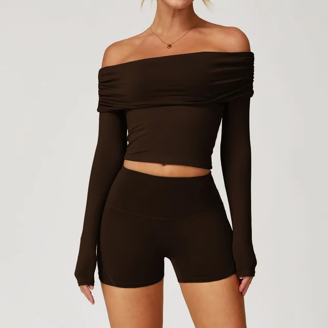Women's Casual Comfortable Versatile Yoga Clothes Fitness Suit Long Sleeve Shorts Coffee - Shop at LoveMi