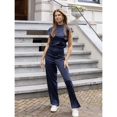 Backless Evening Dress Jumpsuit Solid Color Casual Straight Pants Navy Blue - Shop at LoveMi