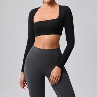 Autumn Sand Brushed Shawl Long Sleeve Yoga Wear - Black