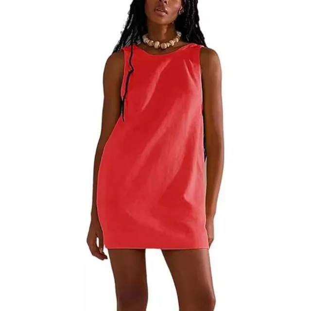 Women's Round Neck Sleeveless Backless Dress Casual Orange Red - Shop at LoveMi