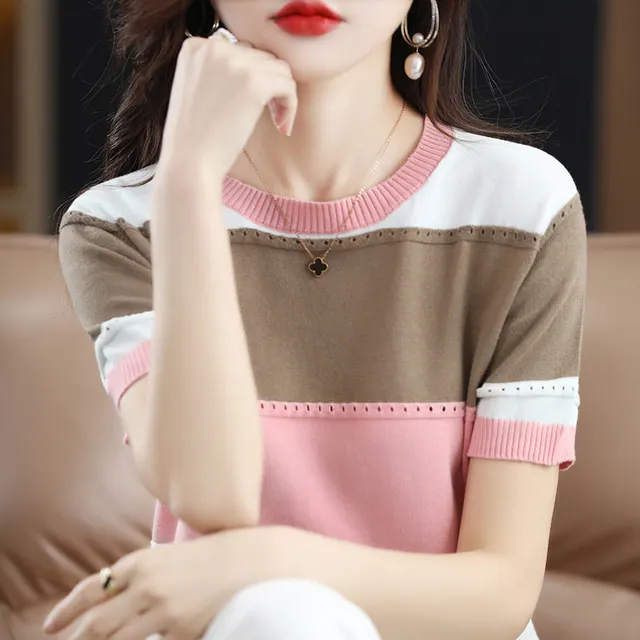 Round Neck Multicolor Hollow Loose Slimming Cotton Pullover Knitting Half Sleeve Pink - Shop at LoveMi