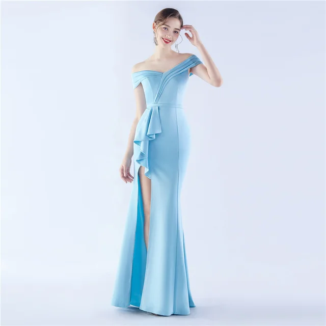 Female Solid Color Satin Off shoulder Long Evening Dress Sky Blue - Shop at LoveMi