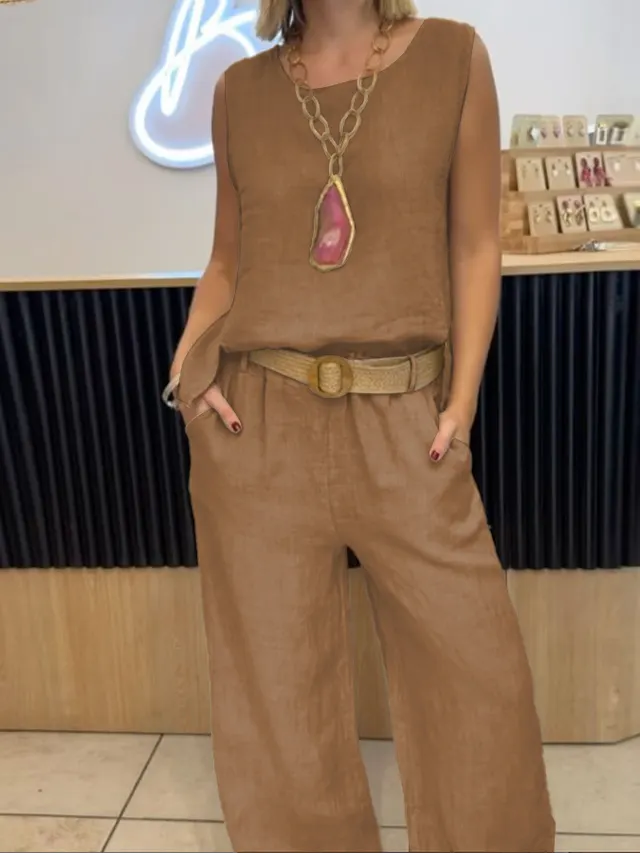Women's Casual Round Neck Vest Cotton Linen Sleeveless Trousers Two piece Suit Brown - Shop at LoveMi