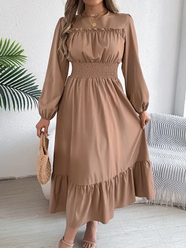Women's Solid Color Stringy Selvedge Cinched Pleated Long Dress Khaki - Shop at LoveMi
