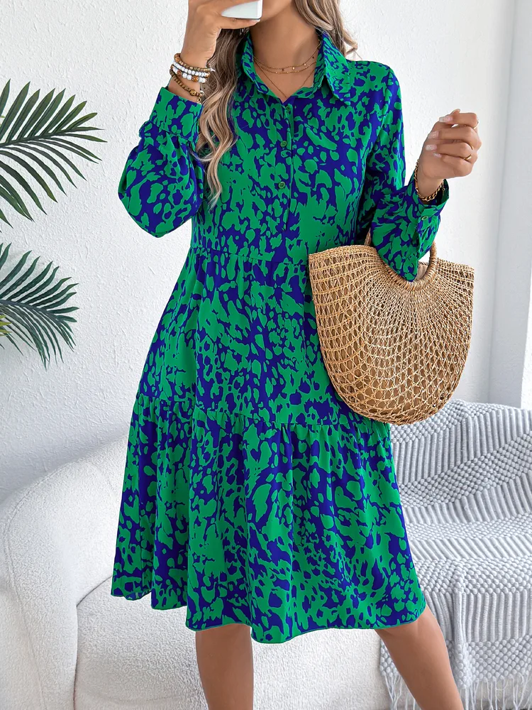 Casual Loose Contrast Color Leopard-print Long-sleeved Shirt Dress - Green