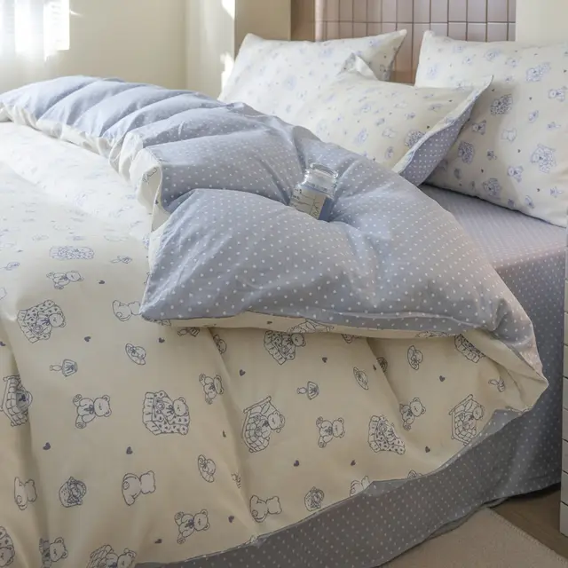 Ins Washed Cotton Bed Four piece Set Supplies Bed Sheet Three piece Set Milk White Bear - Shop at LoveMi