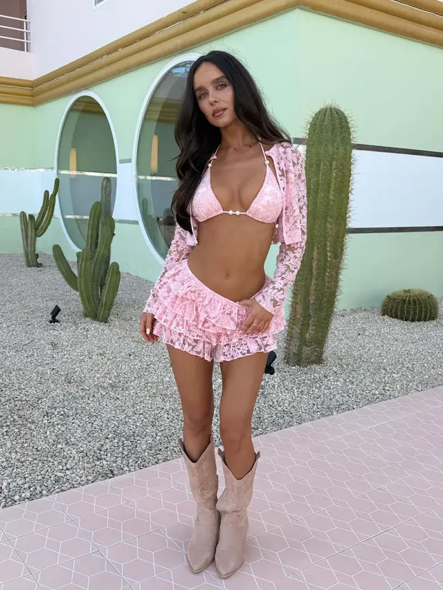 New Lace Mesh Coat Chest Cup Skirt Fashion Casual Three piece Suit Women Pink - Shop at LoveMi