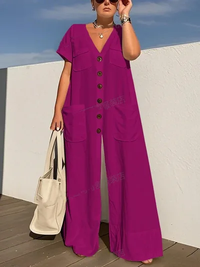 Single breasted Pocket Elegant Solid Color Jumpsuit Purple - Shop at LoveMi