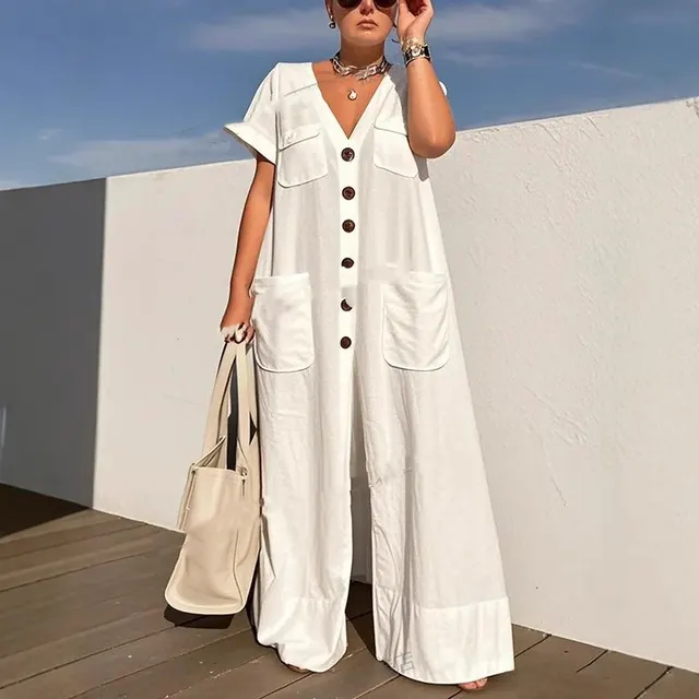 Single breasted Pocket Elegant Solid Color Jumpsuit White - Shop at LoveMi