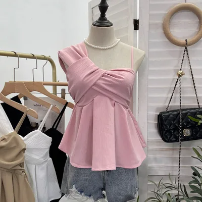 Single shoulder Sloping Shoulder Spaghetti Straps Outerwear Irregular Vest Sleeveless Top Pink - Shop at LoveMi