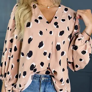 Khaki Classic Leopard V Neck Bracelet Sleeve Blouse - Khaki