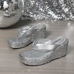 High Heels Wedge Sandals With Sequins Shiny Height Increasing Platform Flip Flops Women's Thick Bottom Shoes Beach Summer - Silver