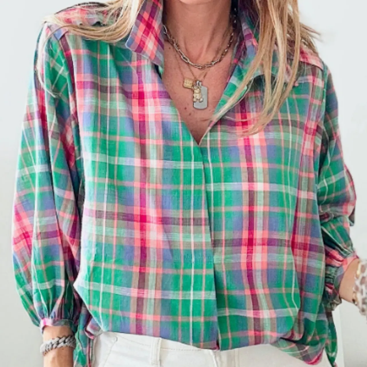 Green Checkered Sleeveless Shirt With Loose Collar - Green