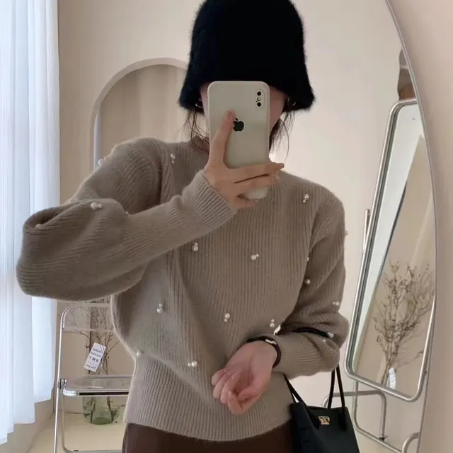 Round Neck Pullover Beaded Sweater Khaki - Shop at LoveMi