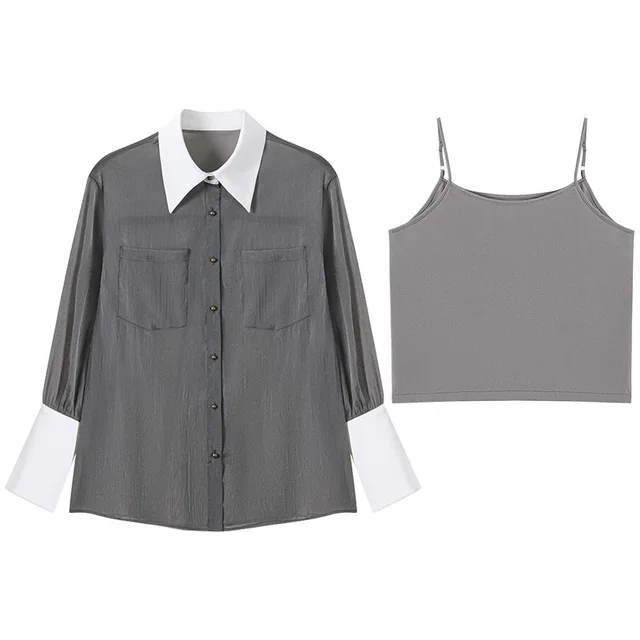 Women's Simple Casual Two piece Suit Shirt Gray With Suspenders - Shop at LoveMi