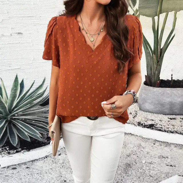 Spring And Summer Leisure Solid Color And V neck Short Sleeve Top Orange - Shop at LoveMi