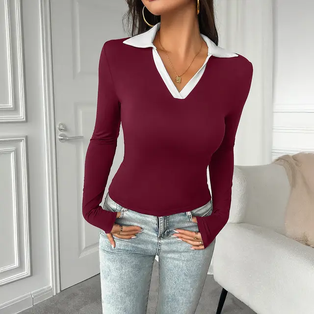 Women's Y2g Temperament Commute Polo Collar Waist Trimming Knitted Long sleeved T shirt Top Wine Red - Shop at LoveMi