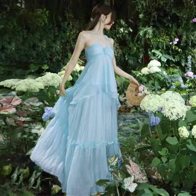 High end Design French Chic Beach Dress Seaside Vacation Mint Mambo Green Halter Dress Blue - Shop at LoveMi