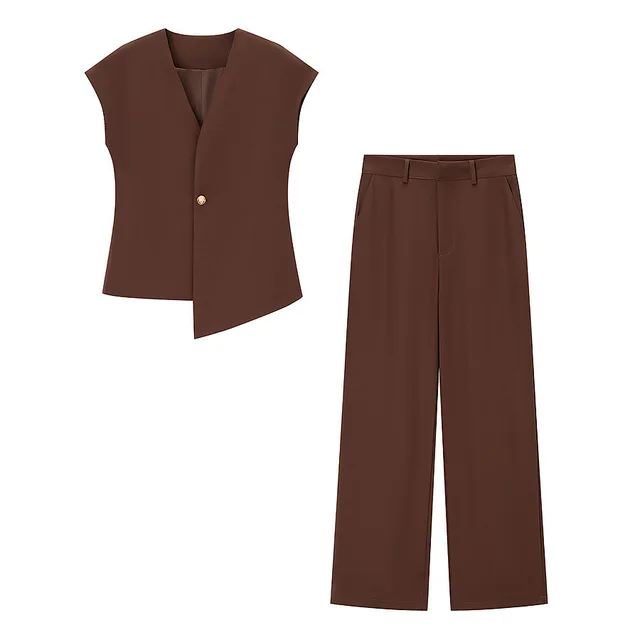 European And American Fashion Minimalist Irregular Vest Casual Trousers Suit Brown Suit - Shop at LoveMi