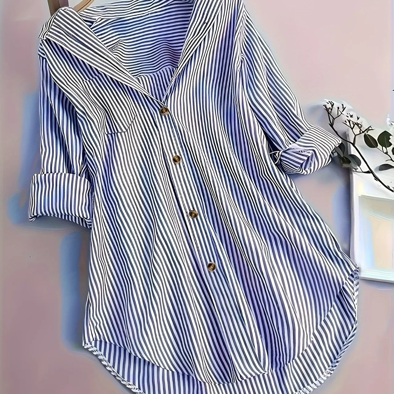 Women's Striped Button Casual Loose Long-sleeved Shirt - Blue