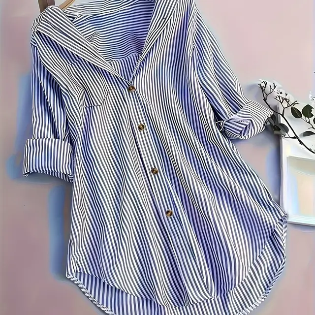 Women's Striped Button Casual Loose Long sleeved Shirt Blue - Shop at LoveMi