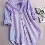 Women's Striped Button Casual Loose Long-sleeved Shirt - Purple