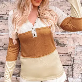 Orange Striped Color Block Henley Top - Orange - View 1