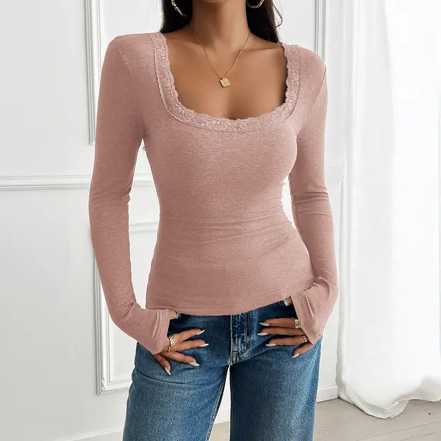 Y2g Elegant Slim Fit Square Collar Long sleeved Sweater Lotus Pink - Shop at LoveMi