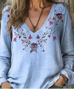 V-neck Long Sleeve T-shirt Women's Top - 31Style-4Xl